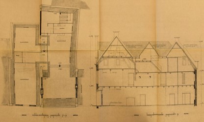 <p>Schetsplan voor de restauratie van de zolderverdieping en de lengtedoorsnede van Papenstraat 9 uit 1973 (archief HCO). </p>
